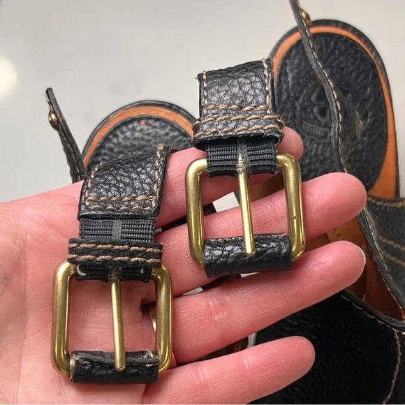 VTG Lucky Brand Black Leather Paola Peep Toe Block Heel Sling Back Size 9 READ - Picture 10 of 12